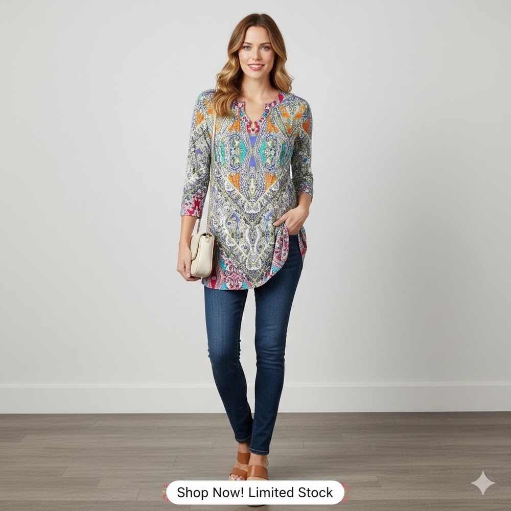 Susan Graver Artisan Paisley Jewel Neck 3/4 Sleeve Tunic Top XS